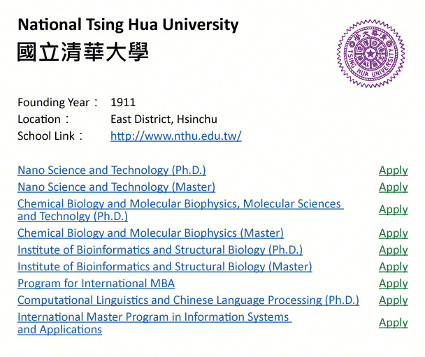 Naitonal Tsing Hua University, Hsinchu-shows address, logo & clickable link