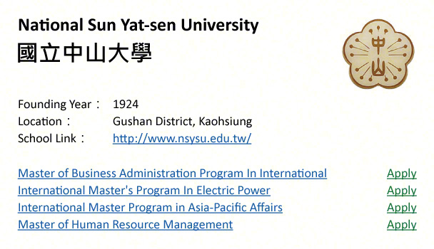 National Sun Yat-sen University, Kaohsiung-shows address, logo & clickable link