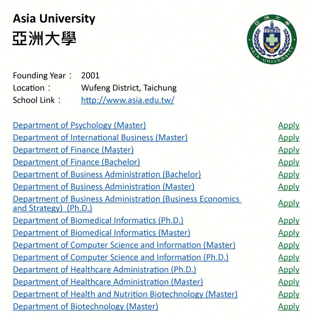 Aisa University, Taichung-shows address, logo & clickable link