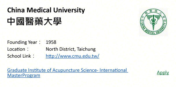 China Medical University, Taichung-shows address, logo & clickable link