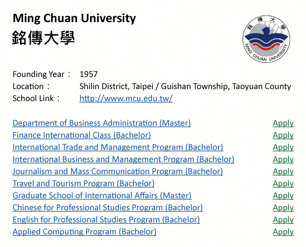 Ming Chuan University, Taipei-shows address, logo & clickable link