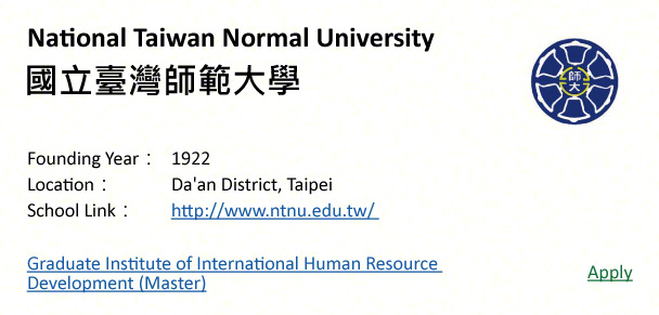 National Taiwan Normal University, Taipei-shows address, logo & clickable link