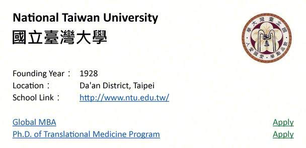 National Taiwan University, Taipei-shows address, logo & clickable link