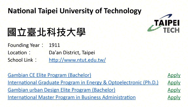 National Taipei University of science and Technology, Taipei-shows address, logo & clickable link