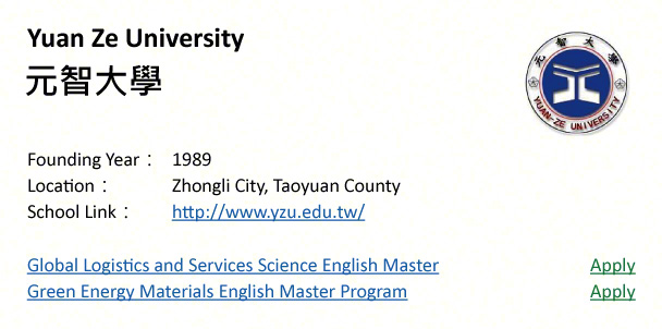 Yuan Ze University, Taoyuan-shows address, logo & clickable link