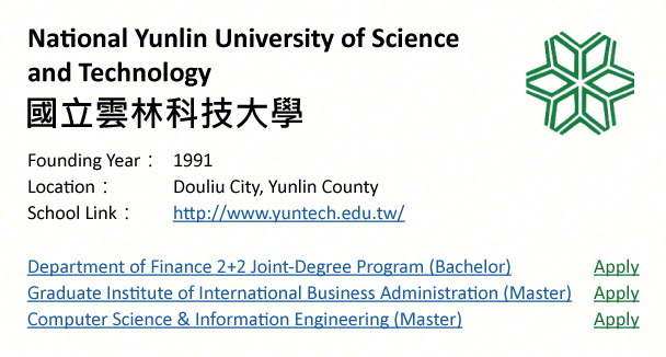 National Yunlin University of Science and Technology, Yunlin-shows address, logo & clickable link