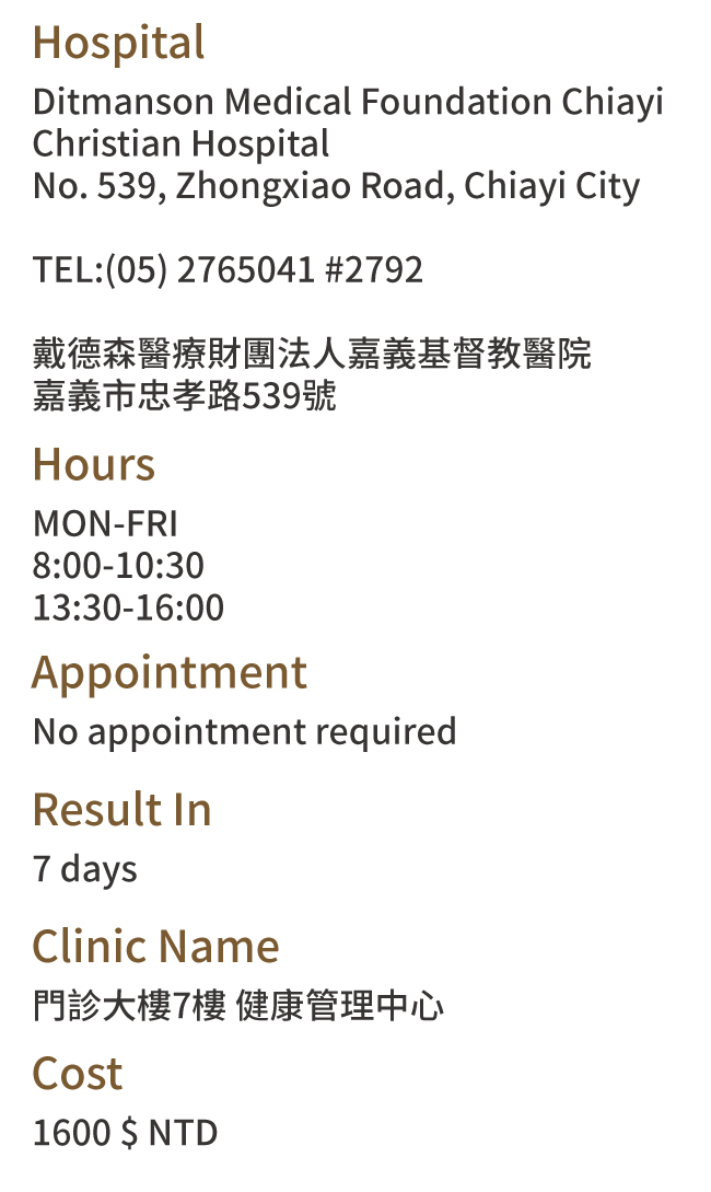 Chiayi County Chiayi City, Taiwan Health Check Hospitals Addresses
