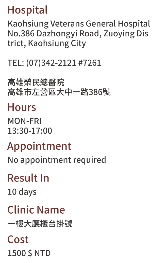 Kaohsiung City, Taiwan Health Check Hospitals Addresses