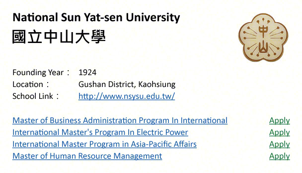 National Sun Yat-sen University, Kaohsiung-shows address, logo & clickable link