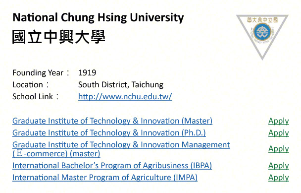 National Chung Hsing University, Taichung-shows address, logo & clickable link