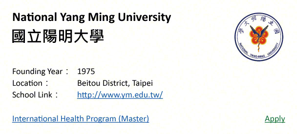 National Yang Ming University, Taipei-shows address, logo & clickable link