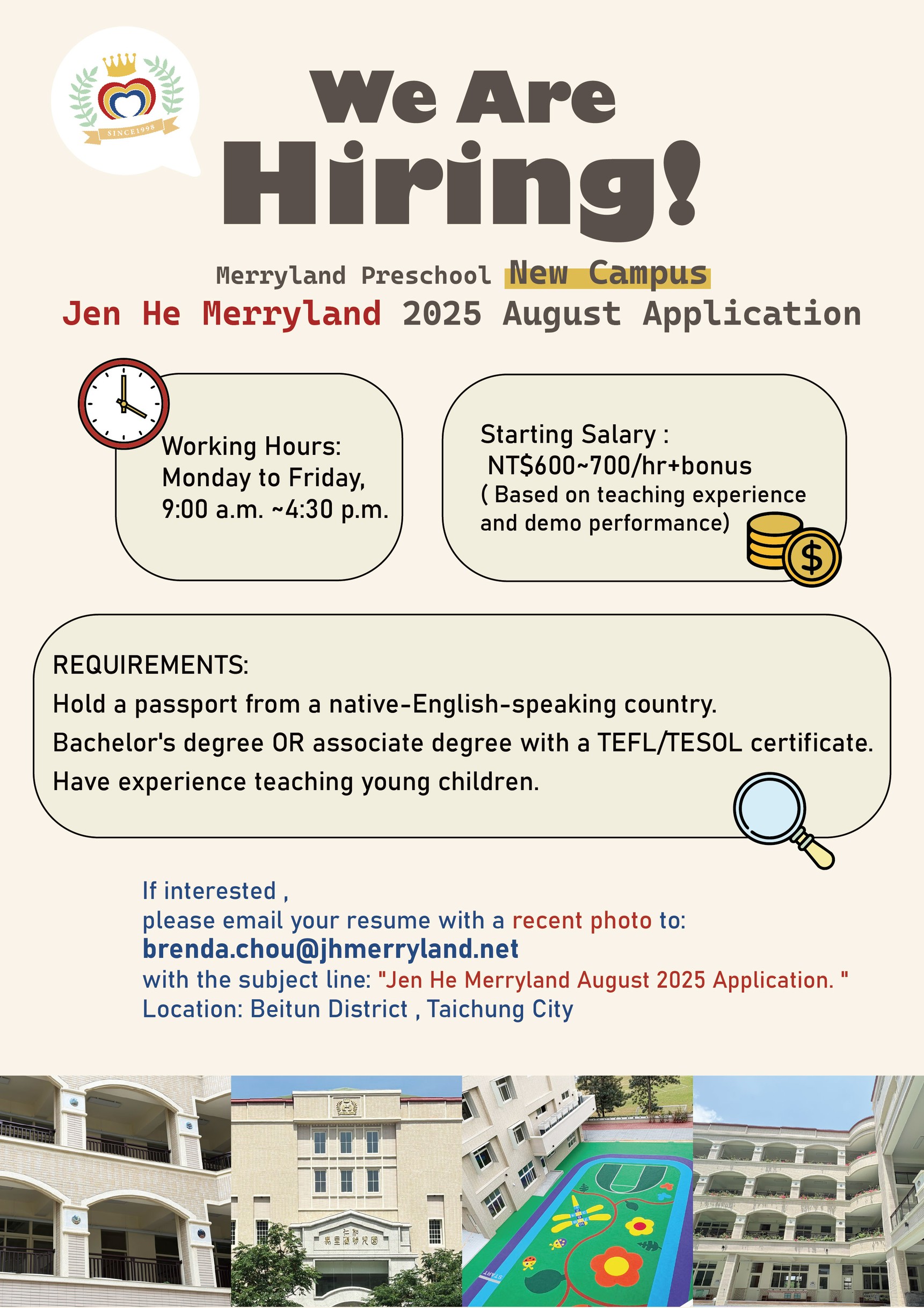 Teaching English and Living in Taiwan, Merryland Institution ~New Campus  Jen He Merryland  and Oakland Preschool ,August 2025 Application  image