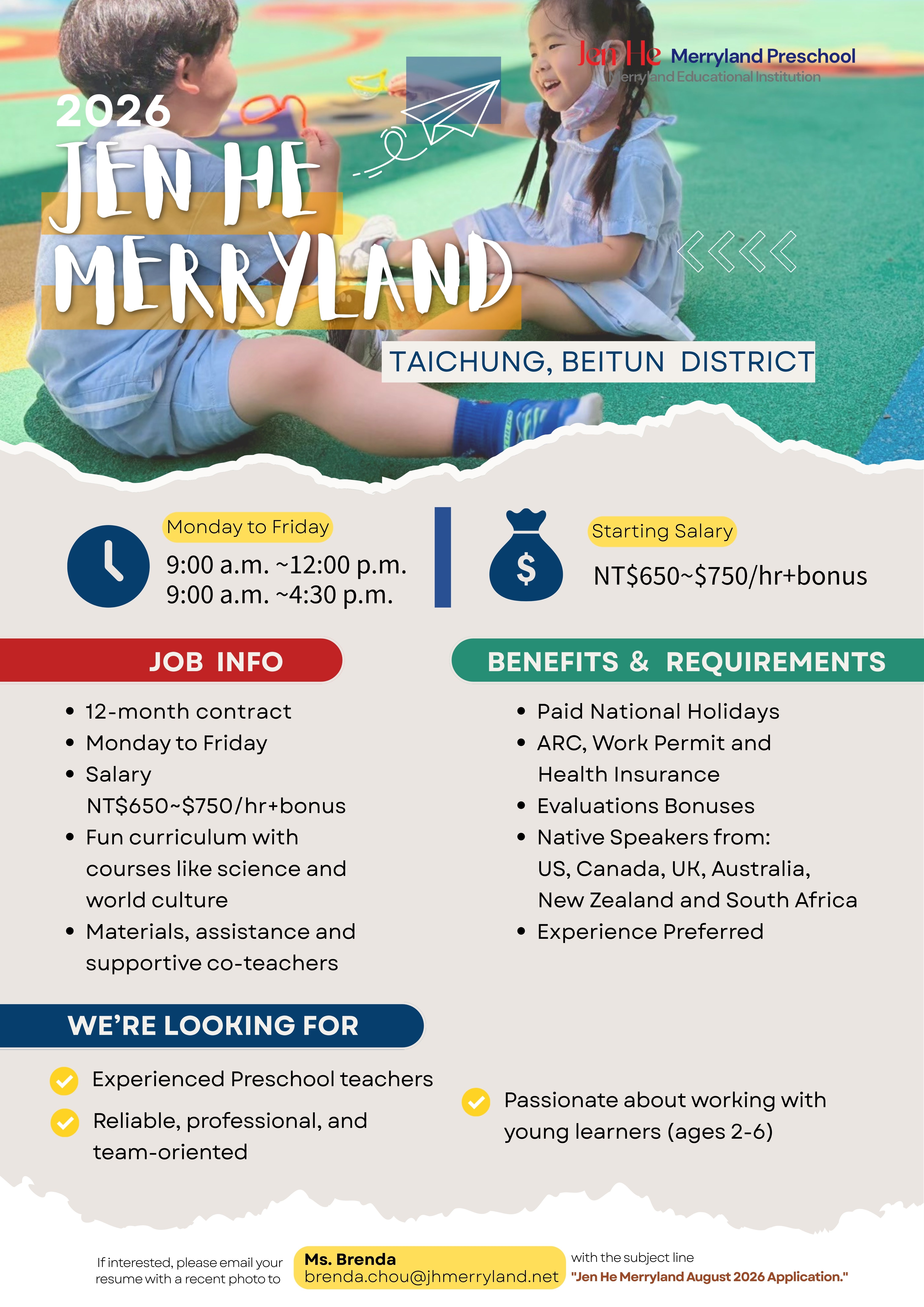 Teaching English and Living in Taiwan, Start your Career with Jen He Merryland Preschool - August 2026 Hiring image